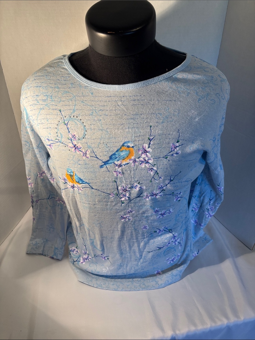Light Blue Long Sleeve Tee with Bird & Floral Print